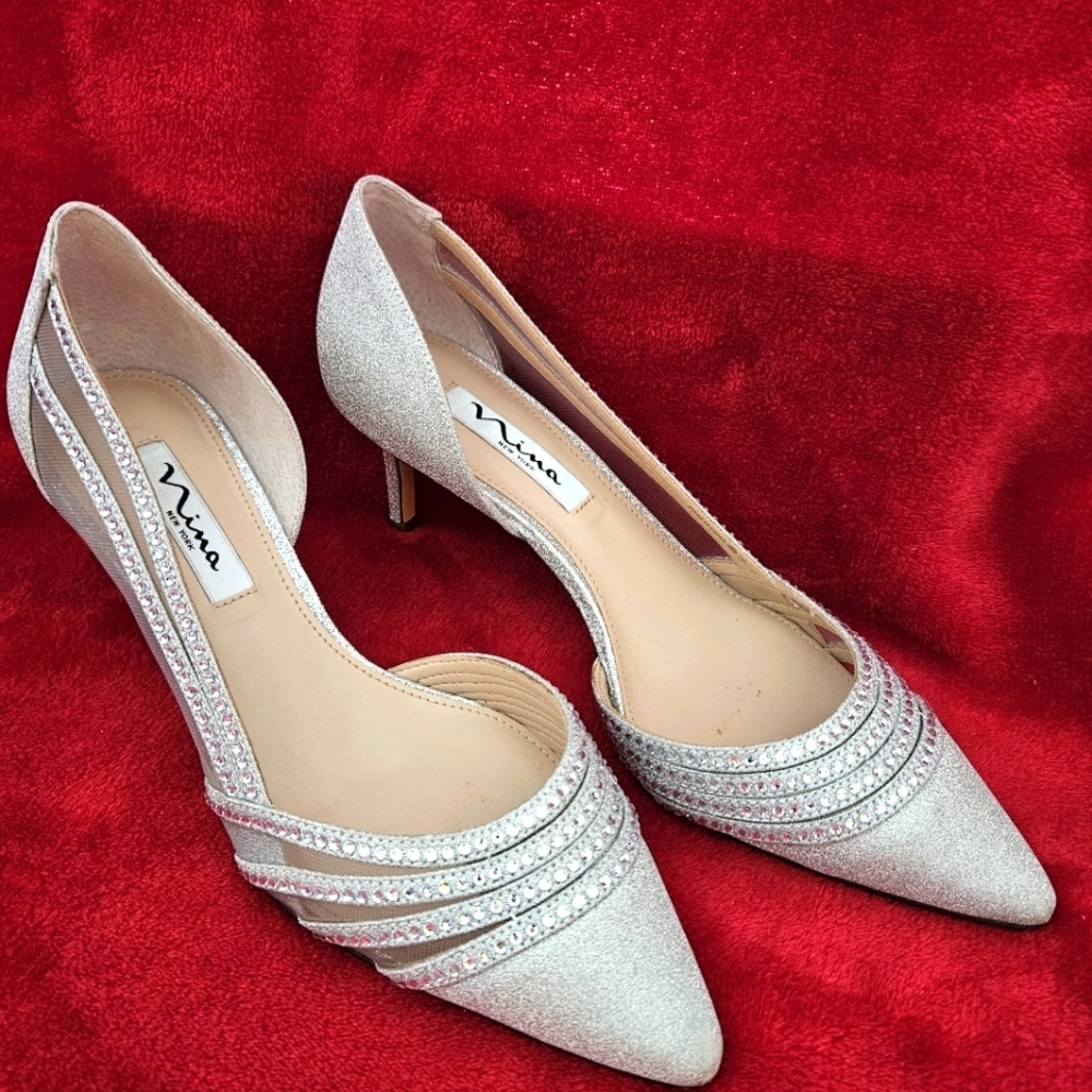 Nina Silver Glitter and Jewel Formal-Evening Heels-Size 8.5